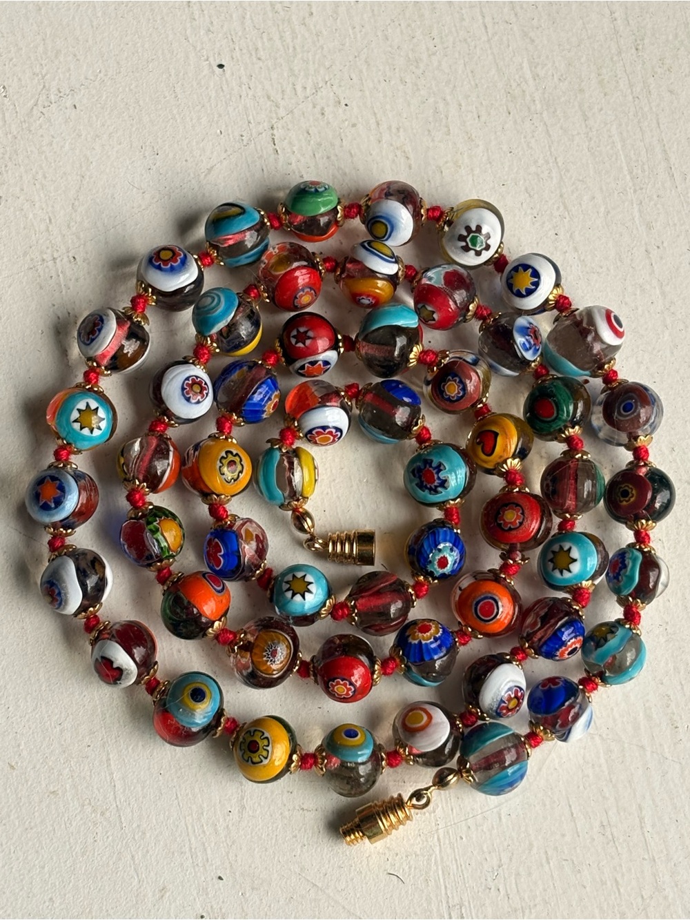 Vintage Murano Millefiori Venetian Glass Hand-Knotted Beaded Red String Necklace
